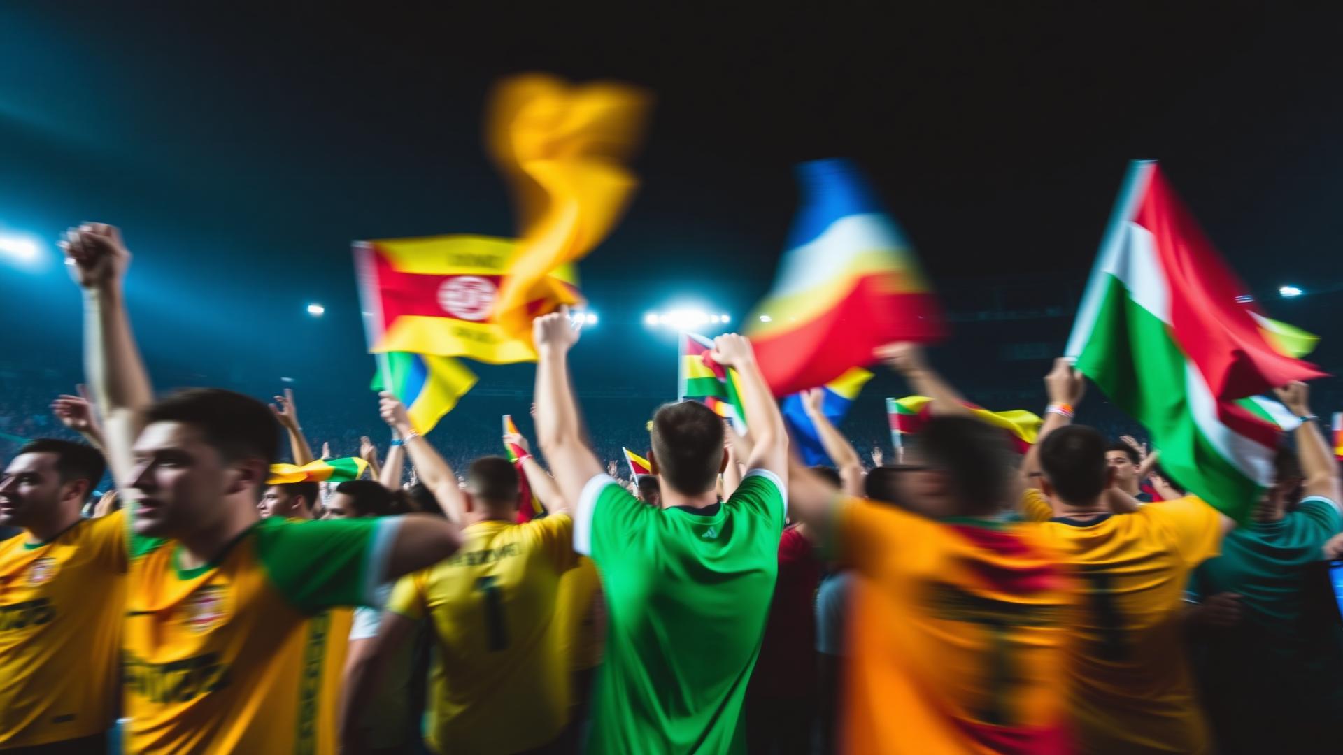 Football fans waving flags at a match